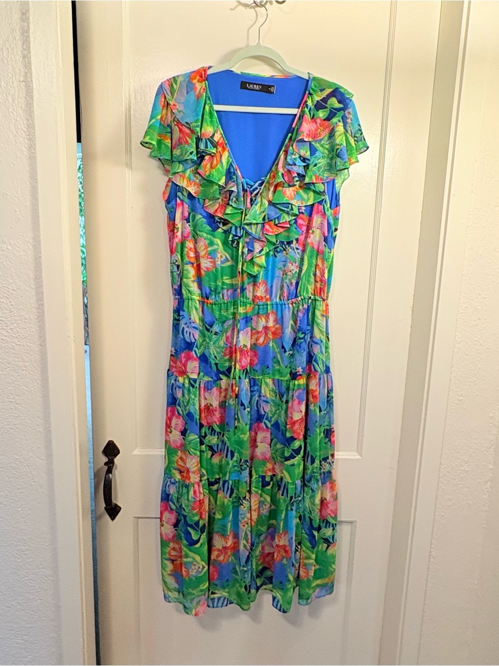 Lauren Ralph Lauren Green Floral Ruffle V-Neck Midi Dress, Sz 14